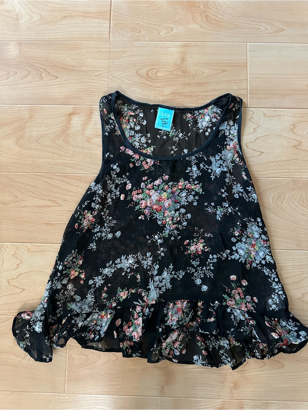 h.i.p. Black Floral Ruffle Hem Tank Top
